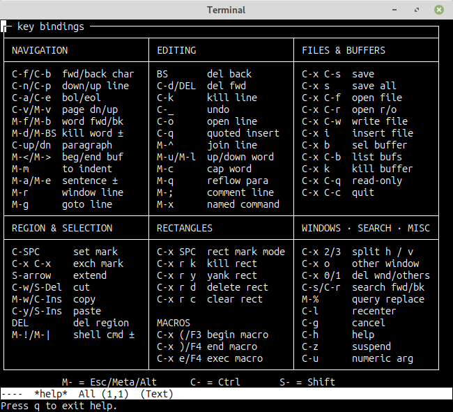 C-h — the built-in key binding reference